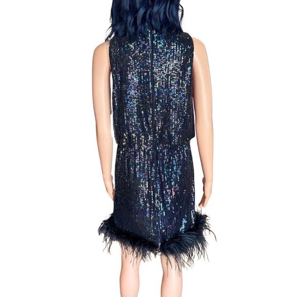 NWT Eliza J Black Feather Trim Sequin Blouson Mini Dress - Picture 7 of 8